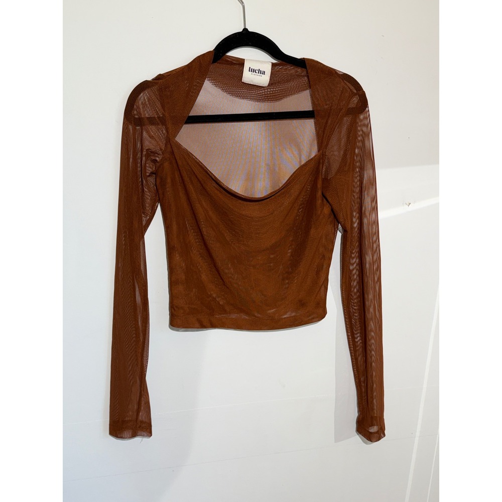Lucha Clothing Brown Sheer Mesh Crop Top Long Sleeve Square Neck Small